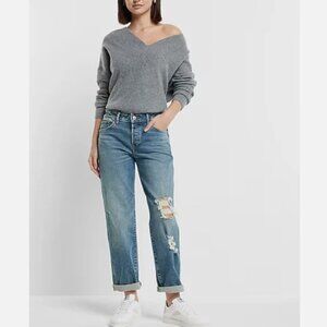 Sz 10 Express Mid Rise Medium Wash Ripped Boyfriend Jeans ~ Excellent ~ Stretchy